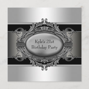 Black Silver Mans 21st Birthday Party Invitation