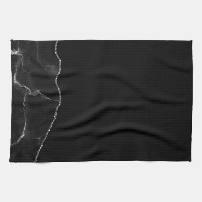 Black Silver Marble Gilded Agate Tea Towel (Horizontal)