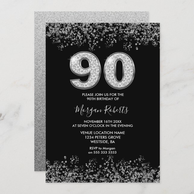Black Silver Mens Womans 90th Birthday Party Invitation (Front/Back)