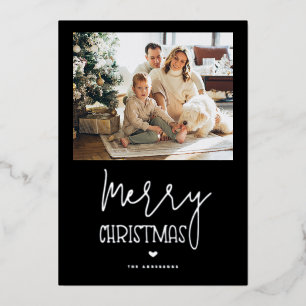 Black Silver Merry Christmas Year in Review Photo Foil Holiday Card