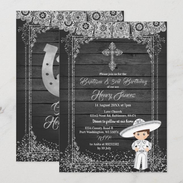 Black Silver Mexican Charro baptism & 3rd Birthday Invitation (Front/Back)