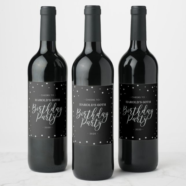 Black & Silver | Modern 60th Birthday Party Wine Label (Bottles)