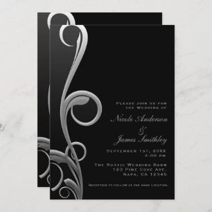 Black & Silver Modern Glam Elegant Swirl Wedding Invitation