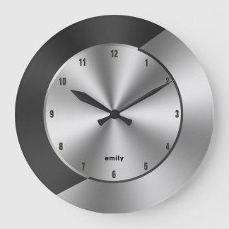 Black & Silver Modern Metallic Geometric design Large Clock