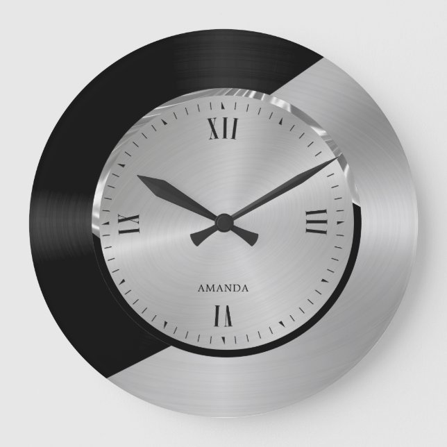 Black & Silver Modern Metallic Geometric design Large Clock (Front)