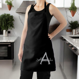 Black Silver Modern Script Girly Monogram Name Apron