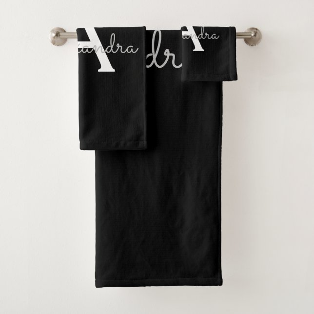 Black Silver Modern Script Girly Monogram Name Bath Towel Set (Insitu)