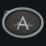 Black Silver Modern Script Girly Monogram Name Belt Buckle<br><div class="desc">Black and Silver Simple Script Monogram Name Belt Buckle. This makes the perfect graduation,  sweet 16 16th,  18th,  21st,  30th,  40th,  50th,  60th,  70th,  80th,  90th,  100th birthday,  wedding,  bridal shower,  anniversary,  baby shower or bachelorette party gift for someone that loves glam luxury and chic styles.</div>