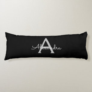 Black Silver Modern Script Girly Monogram Name Body Cushion