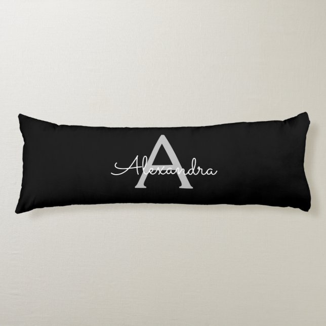 Black Silver Modern Script Girly Monogram Name Body Cushion (Front)
