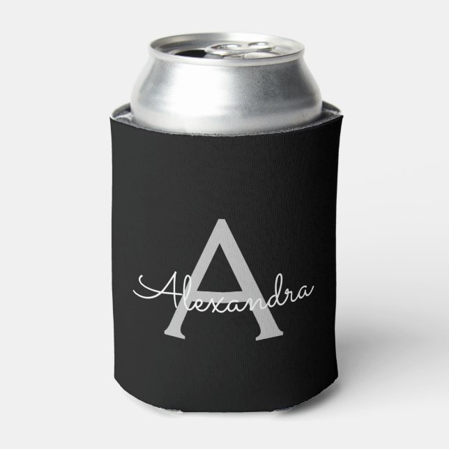 Black Silver Modern Script Girly Monogram Name Can Cooler (Can Front)