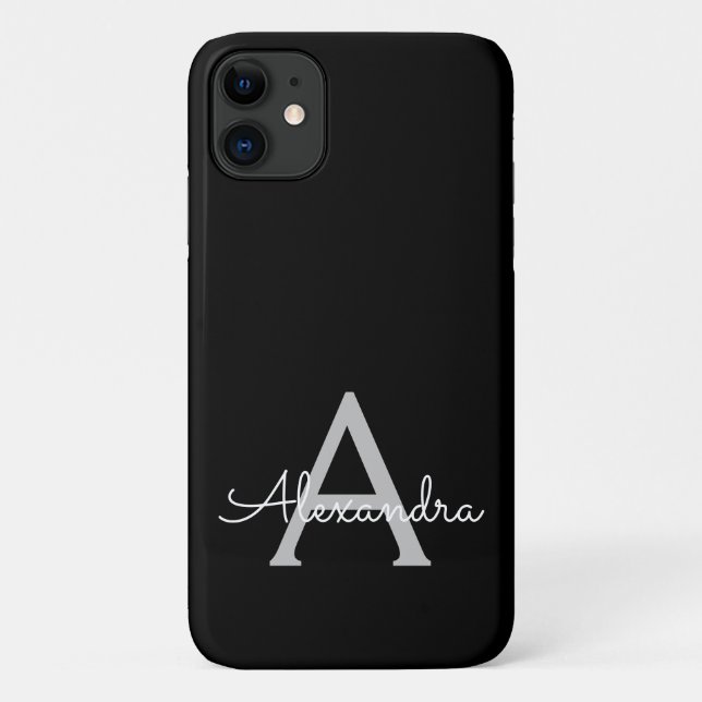 Black Silver Modern Script Girly Monogram Name Case-Mate iPhone Case (Back)