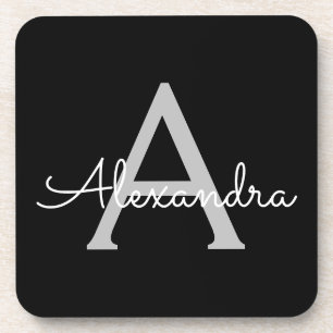 Black Silver Modern Script Girly Monogram Name Coaster