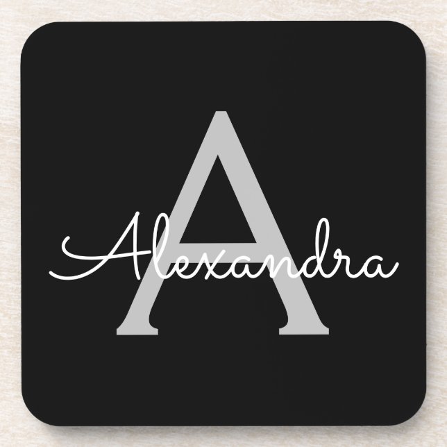Black Silver Modern Script Girly Monogram Name Coaster (Front)