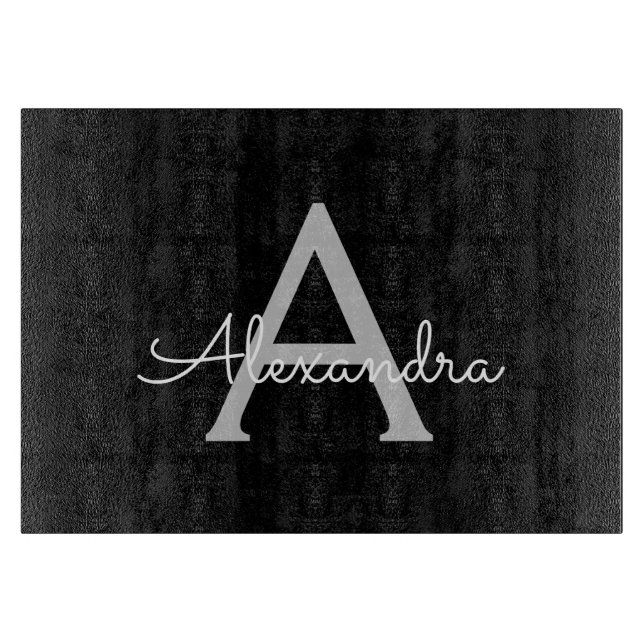 Black Silver Modern Script Girly Monogram Name Cutting Board (Front)
