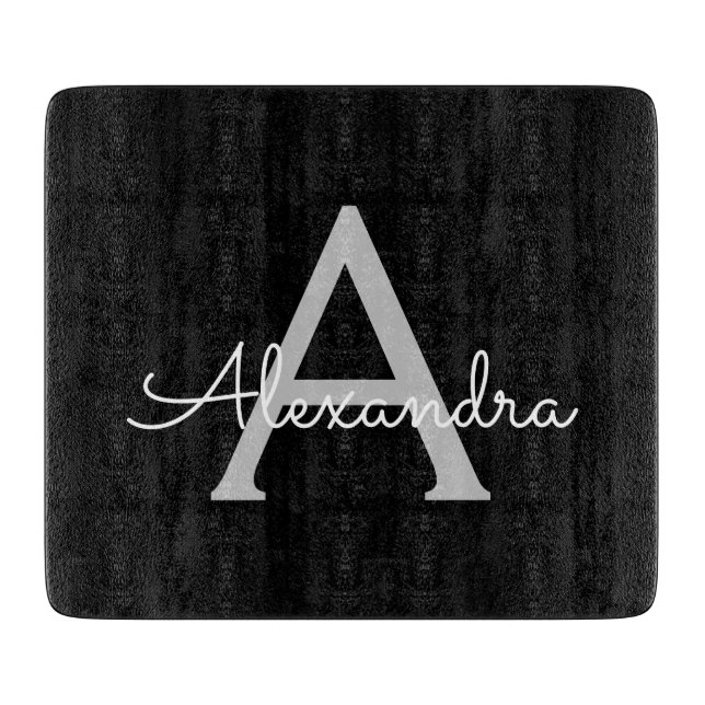 Black Silver Modern Script Girly Monogram Name Cutting Board (Front)