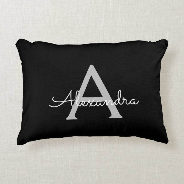 Black Silver Modern Script Girly Monogram Name Decorative Cushion (Front)