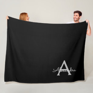 Black Silver Modern Script Girly Monogram Name Fleece Blanket