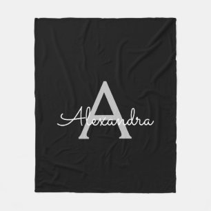 Black Silver Modern Script Girly Monogram Name Fleece Blanket