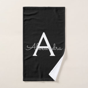 Black Silver Modern Script Girly Monogram Name Hand Towel