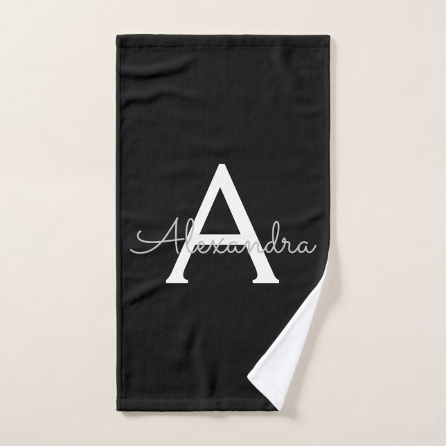 Black Silver Modern Script Girly Monogram Name Hand Towel (Hand Towel)
