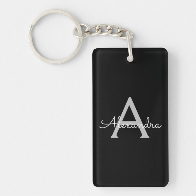 Black Silver Modern Script Girly Monogram Name Key Ring (Front)