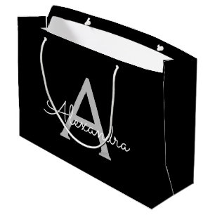 Black Silver Modern Script Girly Monogram Name Large Gift Bag