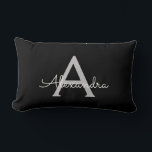 Black Silver Modern Script Girly Monogram Name Lumbar Cushion<br><div class="desc">Silver and Black Monogram Add Your Own Name Lumbar Pillow. This makes the perfect sweet 16 birthday,  wedding,  bridal shower,  anniversary,  baby shower or bachelorette party gift for someone that loves glam luxury and chic styles.</div>