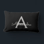 Black Silver Modern Script Girly Monogram Name Lumbar Cushion<br><div class="desc">Silver and Black Monogram Add Your Own Name Lumbar Pillow. This makes the perfect sweet 16 birthday,  wedding,  bridal shower,  anniversary,  baby shower or bachelorette party gift for someone that loves glam luxury and chic styles.</div>
