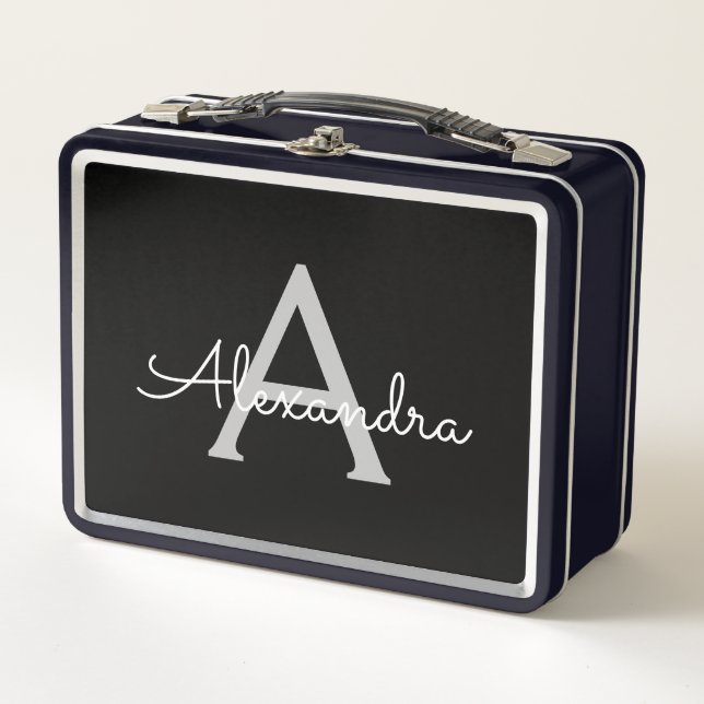 Black Silver Modern Script Girly Monogram Name Metal Lunch Box (Front)