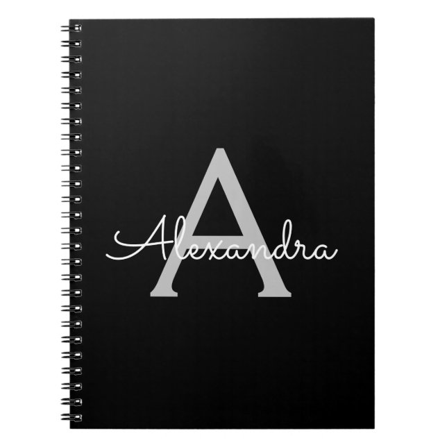 Black Silver Modern Script Girly Monogram Name Notebook (Front)