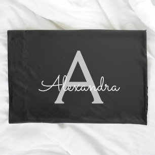 Black Silver Modern Script Girly Monogram Name Pillowcase
