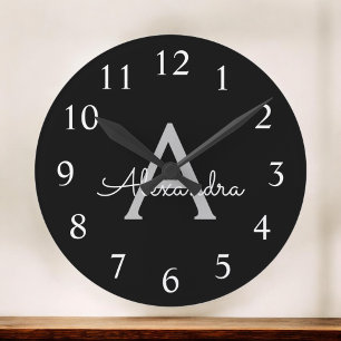 Black Silver Modern Script Girly Monogram Name Round Clock