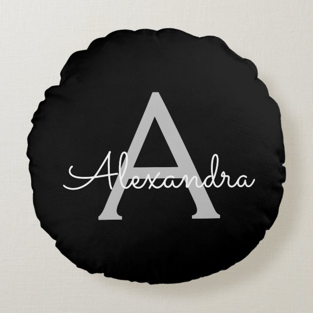 Black Silver Modern Script Girly Monogram Name Round Cushion (Front)