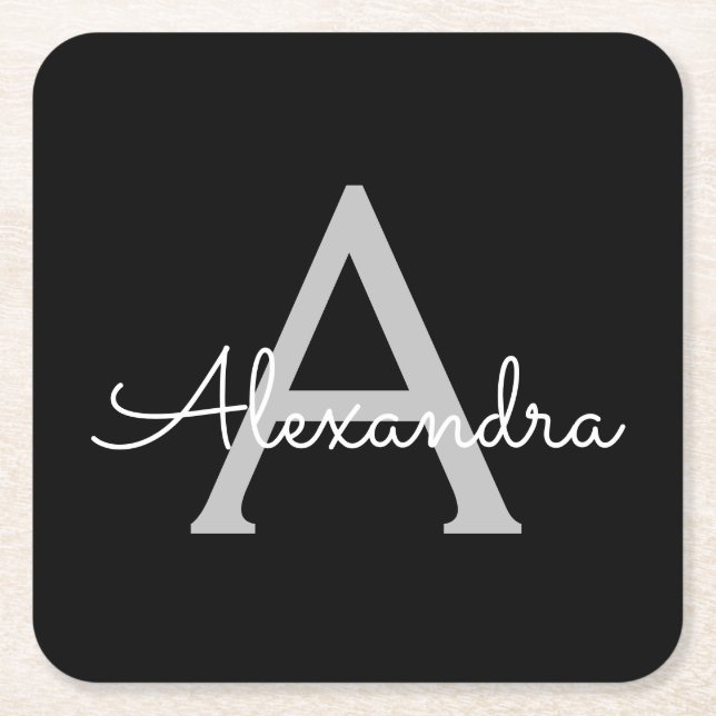 Black Silver Modern Script Girly Monogram Name Square Paper Coaster (Front)