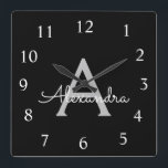 Black Silver Modern Script Girly Monogram Name Square Wall Clock<br><div class="desc">Silver and Black Script Monogram Name Clock. This makes the perfect sweet 16 birthday,  wedding,  bridal shower,  anniversary,  baby shower or bachelorette party gift for someone that loves glam luxury and chic styles.</div>
