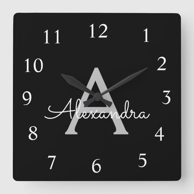 Black Silver Modern Script Girly Monogram Name Square Wall Clock (Front)
