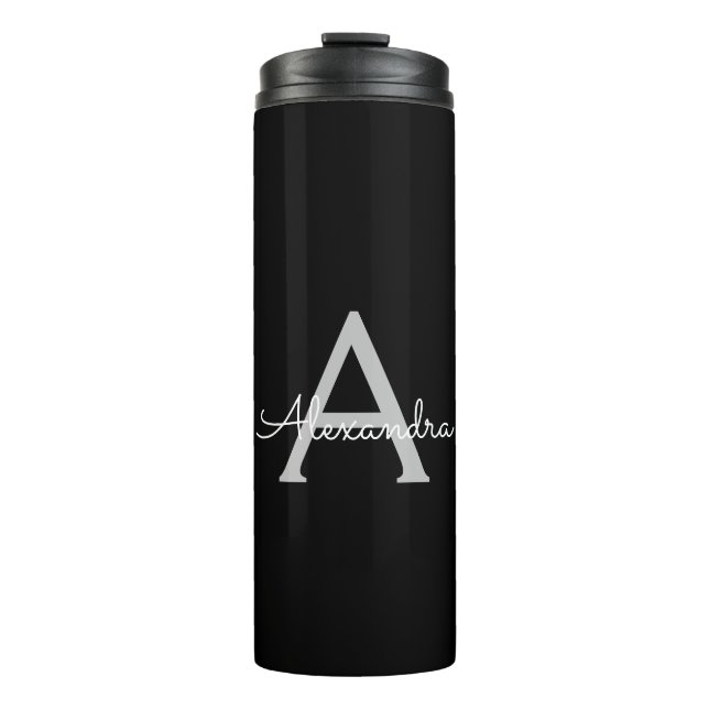 Black Silver Modern Script Girly Monogram Name Thermal Tumbler (Front)
