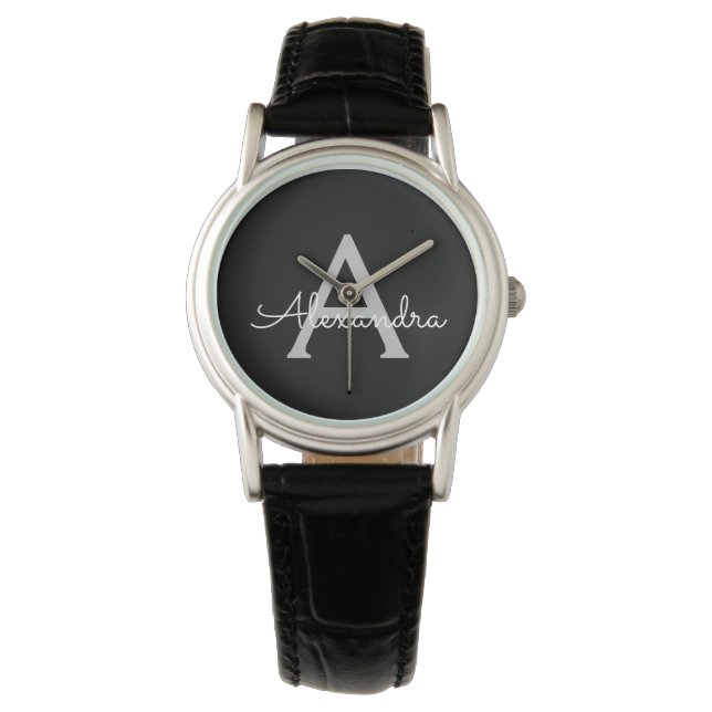 Black Silver Modern Script Girly Monogram Name Watch (Front)