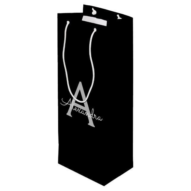 Black Silver Modern Script Girly Monogram Name Wine Gift Bag (Back Angled)