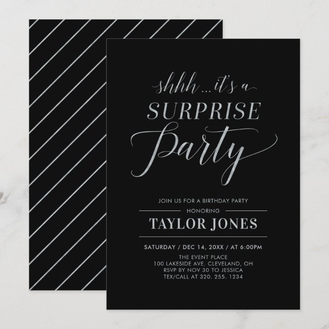 Black & Silver | Modern Surprise Birthday Party Invitation (Front/Back)