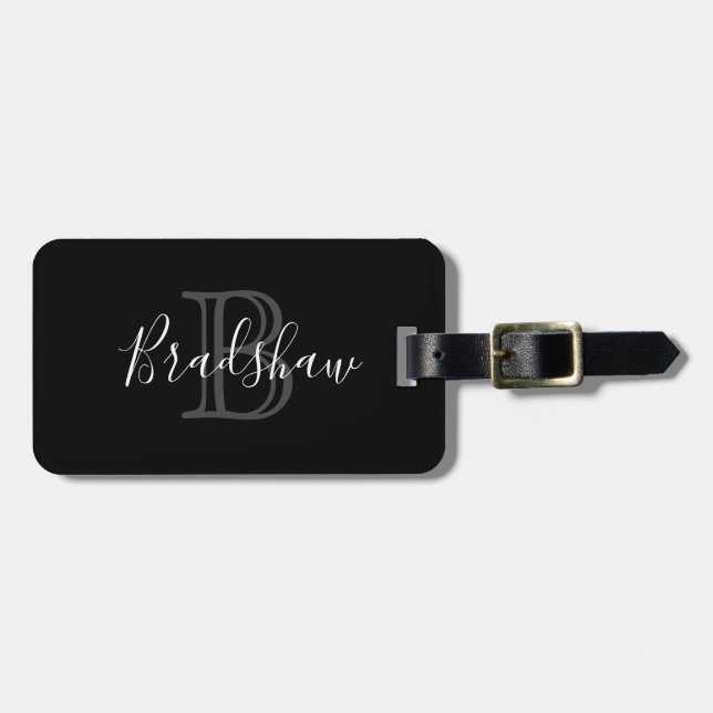  Black Silver Monogram Custom Name  Luggage Tag (Front Horizontal)