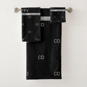 Black silver monogram initials pattern name bath towel set