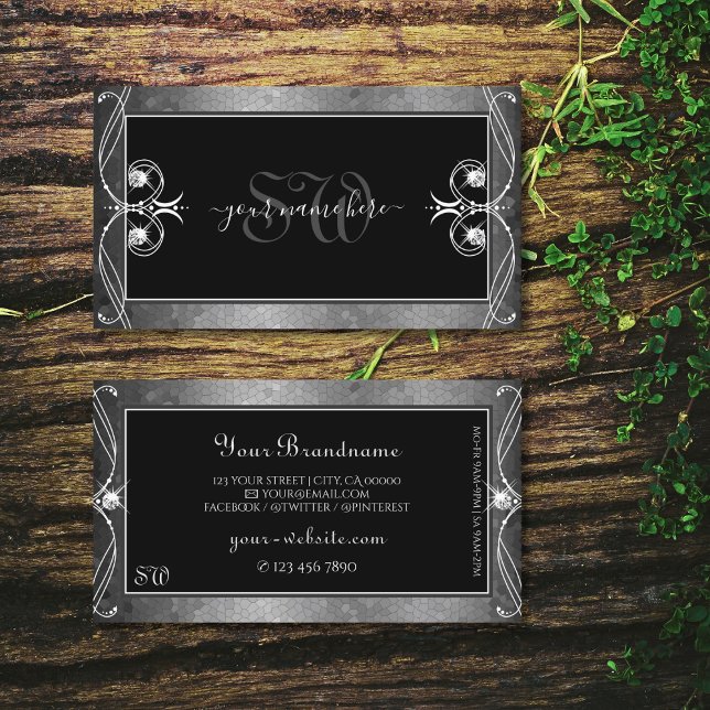 Black Silver Mosaic Ornate Sparkle Jewels Monogram Business Card (Creator Uploaded)