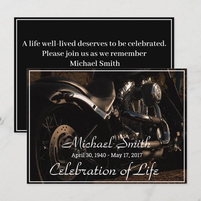 Black & Silver Motorcycle Celebration of Life Invitation (Front/Back)