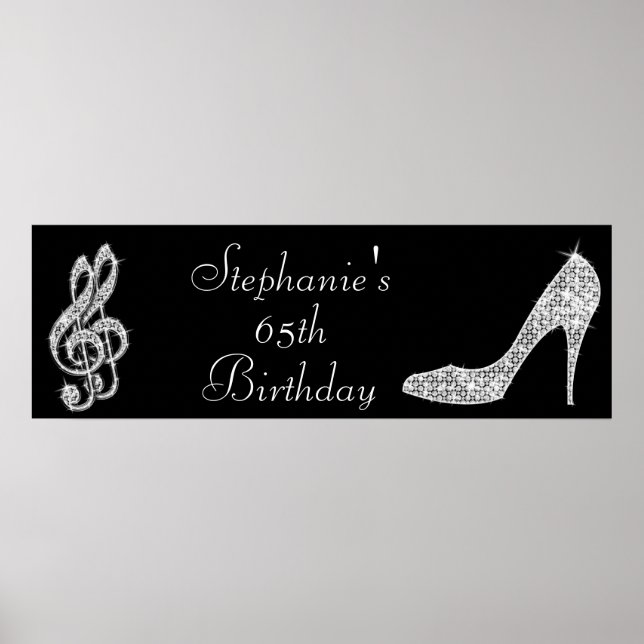 Black/silver Music Note & Stiletto 65th Birthday Poster (Front)