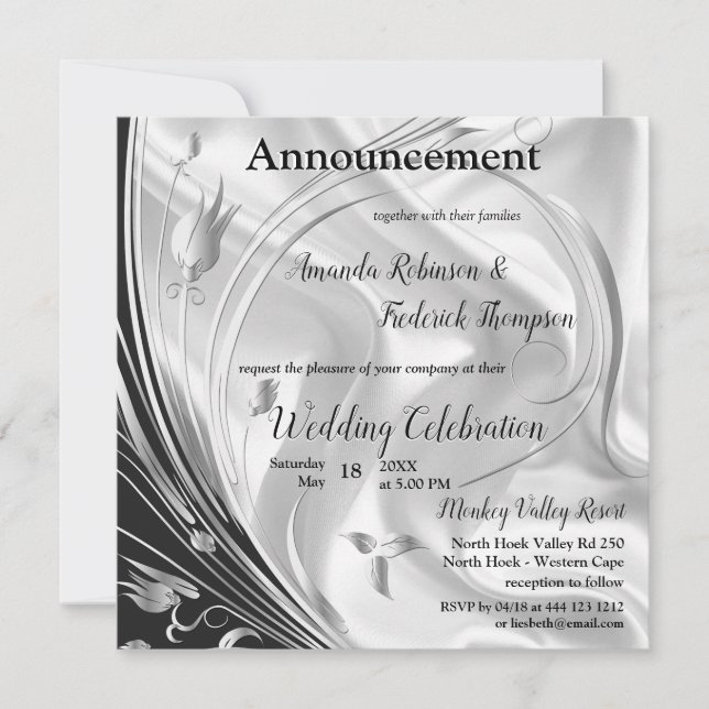 Black & Silver on Champagne Silk Wedding Announcement (Front)