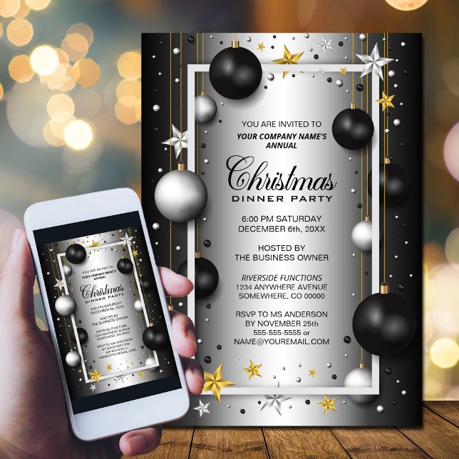 Black Silver Ornament Corporate Christmas Dinner Invitation (Creator Uploaded)