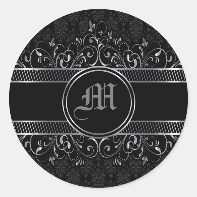 Black & Silver Ornate Gothic Monogrammed  Classic Round Sticker (Front)