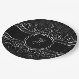 Black & Silver Ornate Gothic Monogrammed  Paper Plate